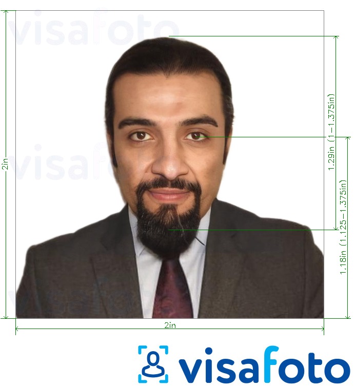 Contoh foto untuk Pasport Iraq 5x5 cm (51x51 mm, 2x2 inci) dengan spesifikasi saiz yang tepat.