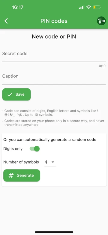 7ID: Sugeneruokite PIN kodą arba kodą