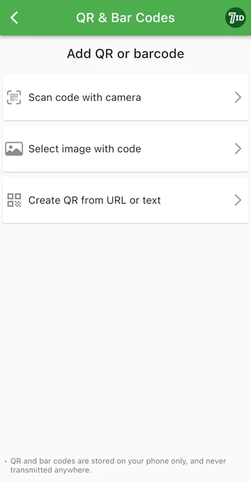 7ID অ্যাপ: একটি QR বা একটি বার কোড যোগ করুন