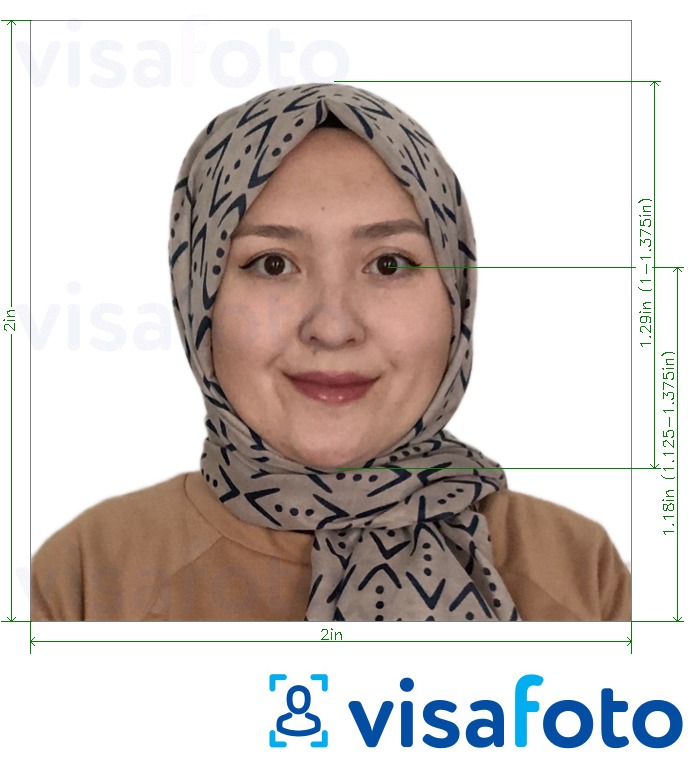 Contoh foto untuk Afghanistan visa 2x2 inci (dari Amerika Syarikat) dengan spesifikasi saiz yang tepat.