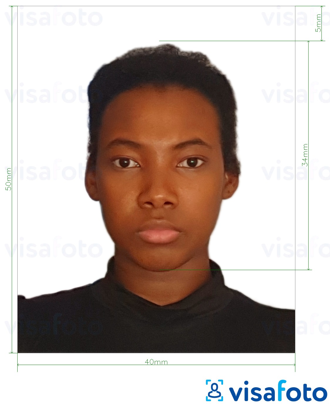 Contoh foto untuk Pasport Cameroon 4x5 cm (40x50 mm) dengan spesifikasi saiz yang tepat.