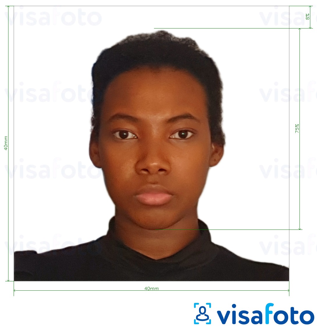 Contoh foto untuk Visa Kamerun 4x4 cm (40x40 mm) dengan spesifikasi saiz yang tepat.