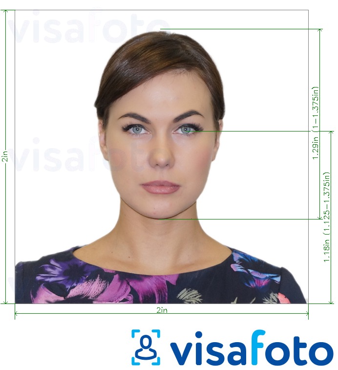 Contoh foto untuk Sepanyol Visa 2x2 inci (konsulat US Chicago) dengan spesifikasi saiz yang tepat.