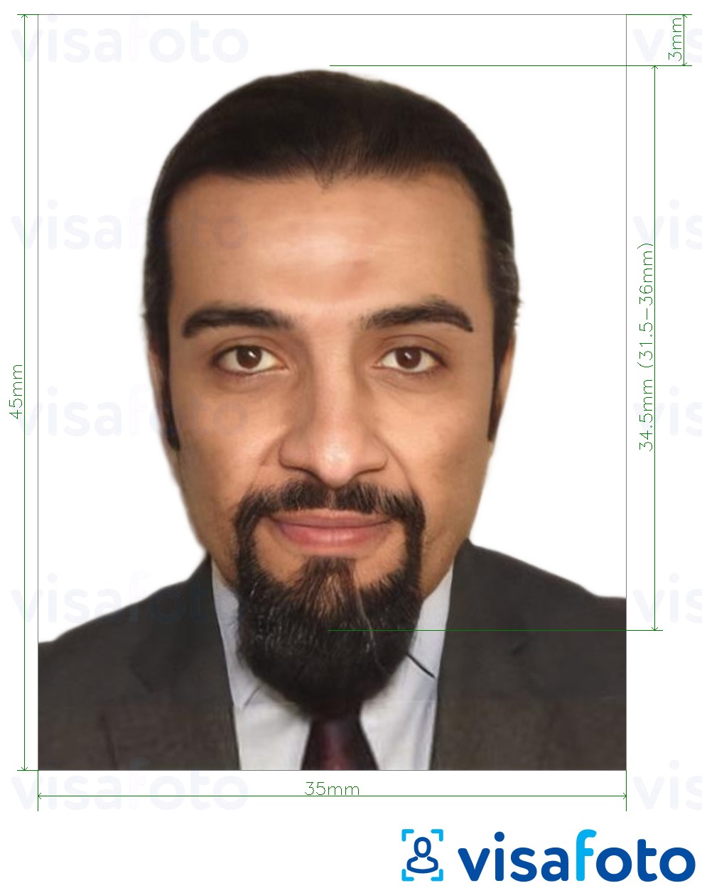 Contoh foto untuk Ethiopia e-visa dalam talian 35x45 mm (3.5x4.5 cm) dengan spesifikasi saiz yang tepat.
