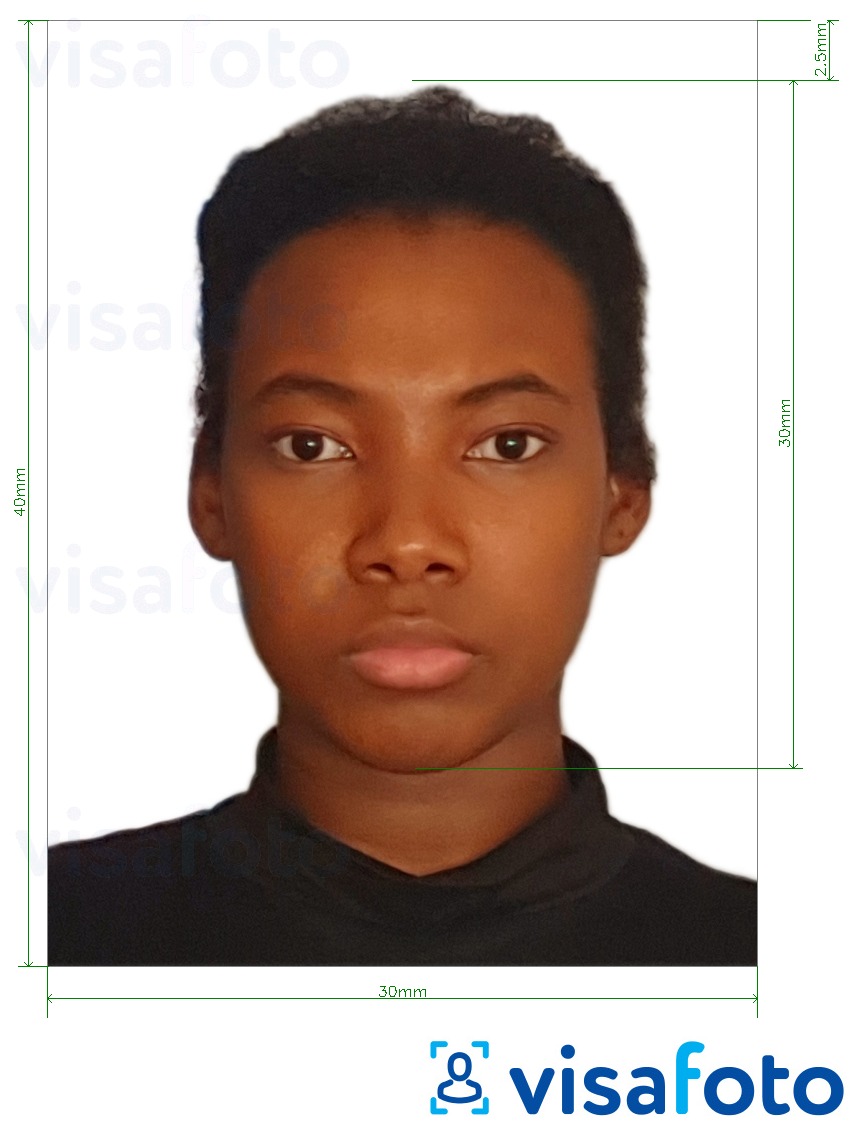 Contoh foto untuk Guinea-Bissau e-visa dengan spesifikasi saiz yang tepat.