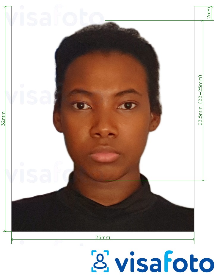 Contoh foto untuk Pasport Guyana 32x26 mm (1.26x1.02 inci) dengan spesifikasi saiz yang tepat.