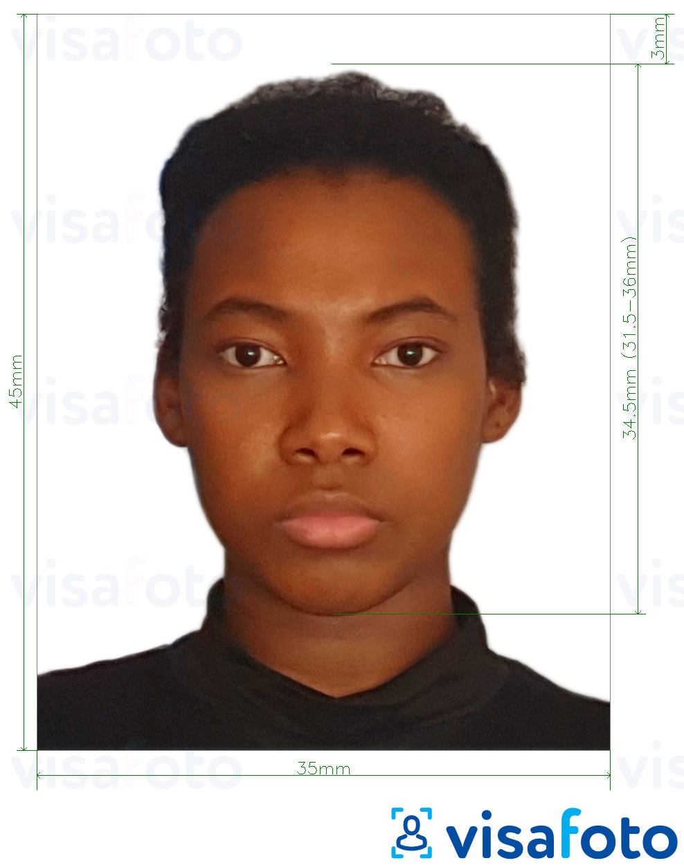 Contoh foto untuk Pasport Guyana 45x35 mm (1.77 x 1.38 inci) dengan spesifikasi saiz yang tepat.