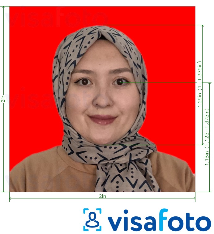 Contoh foto untuk Indonesia pasport 51x51 mm (2x2 inci) latar belakang merah dengan spesifikasi saiz yang tepat.