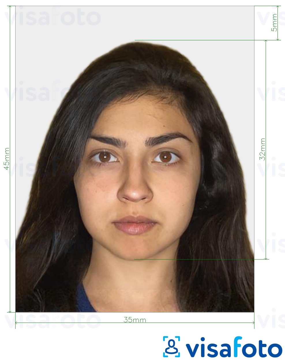 Contoh foto untuk Israel Pasport 35x45 mm (3.5x4.5 cm) dengan spesifikasi saiz yang tepat.