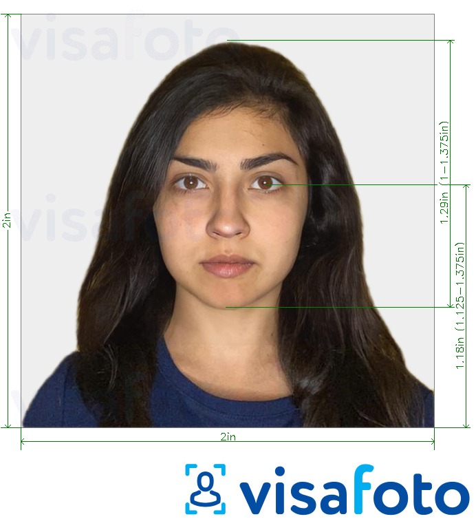 Contoh foto untuk India Visa (2x2 inci, 51x51mm) dengan spesifikasi saiz yang tepat.