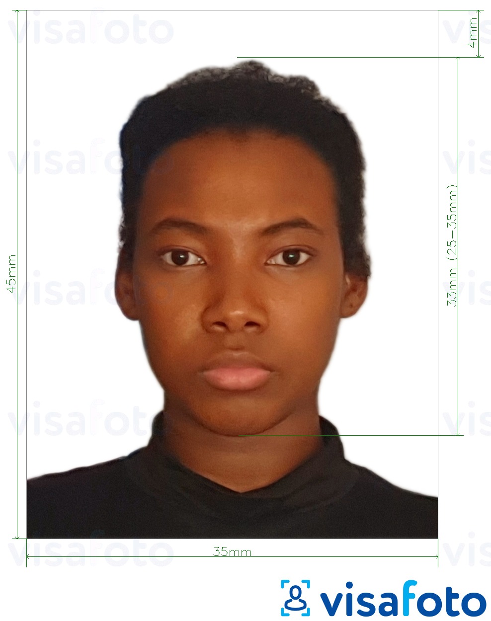 Contoh foto untuk Pasport Jamaica 35x45 mm (3.5x4.5 sm) dengan spesifikasi saiz yang tepat.