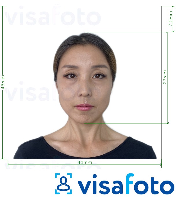 Contoh foto untuk Jepun Visa 45x45mm, kepala 27 mm dengan spesifikasi saiz yang tepat.