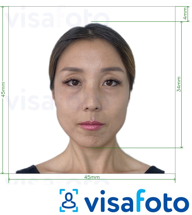 Contoh foto untuk Jepun Visa 45x45mm, kepala 34 mm dengan spesifikasi saiz yang tepat.