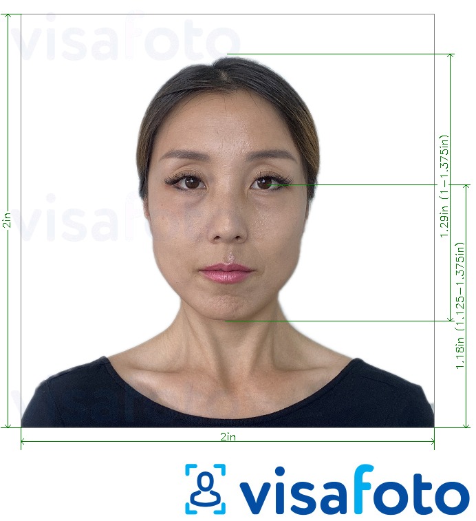 Contoh foto untuk Jepun Visa 2x2 inci (visa standard dari Amerika Syarikat) dengan spesifikasi saiz yang tepat.