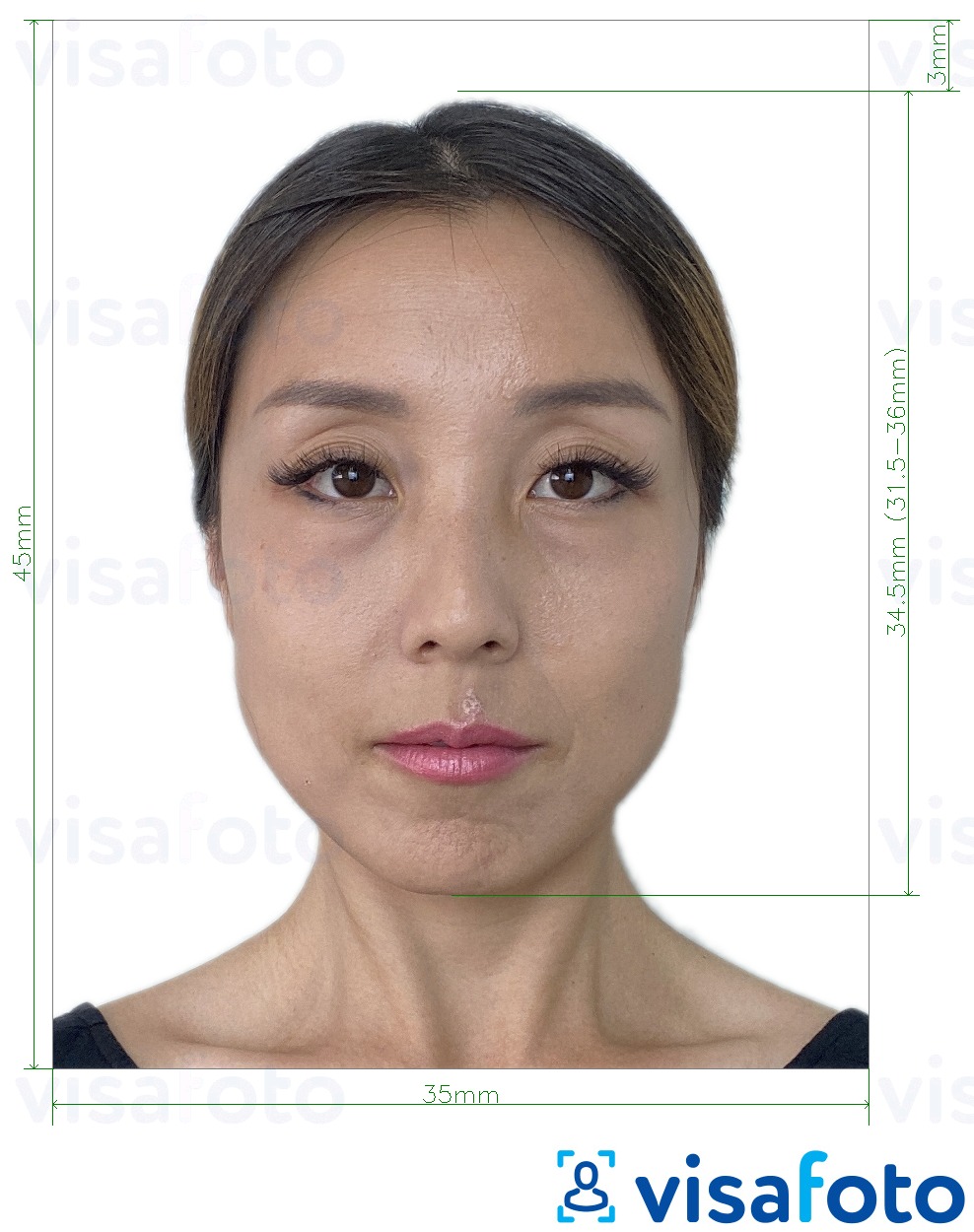 Contoh foto untuk Kad pendaftaran Korea Selatan 35x45 mm dengan spesifikasi saiz yang tepat.