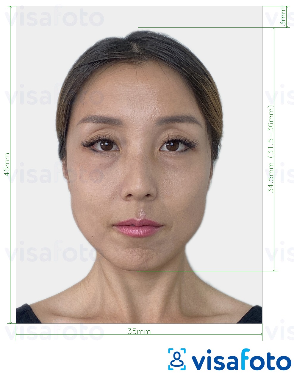 Contoh foto untuk Pasport Korea Selatan 35x45 mm (3.5x4.5 cm) dengan spesifikasi saiz yang tepat.