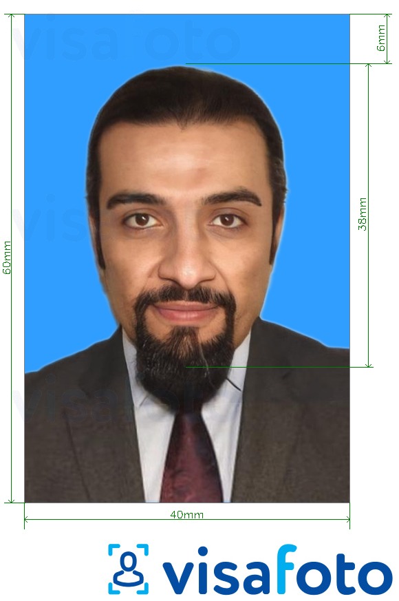 Contoh foto untuk Kuwait kad ID 4x6 cm (40x60 mm) dengan spesifikasi saiz yang tepat.
