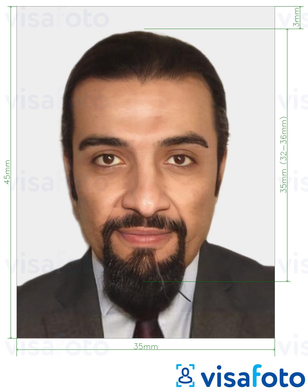 Contoh foto untuk Visa Maghribi 35x45 mm (3.5x4.5 cm) dengan spesifikasi saiz yang tepat.