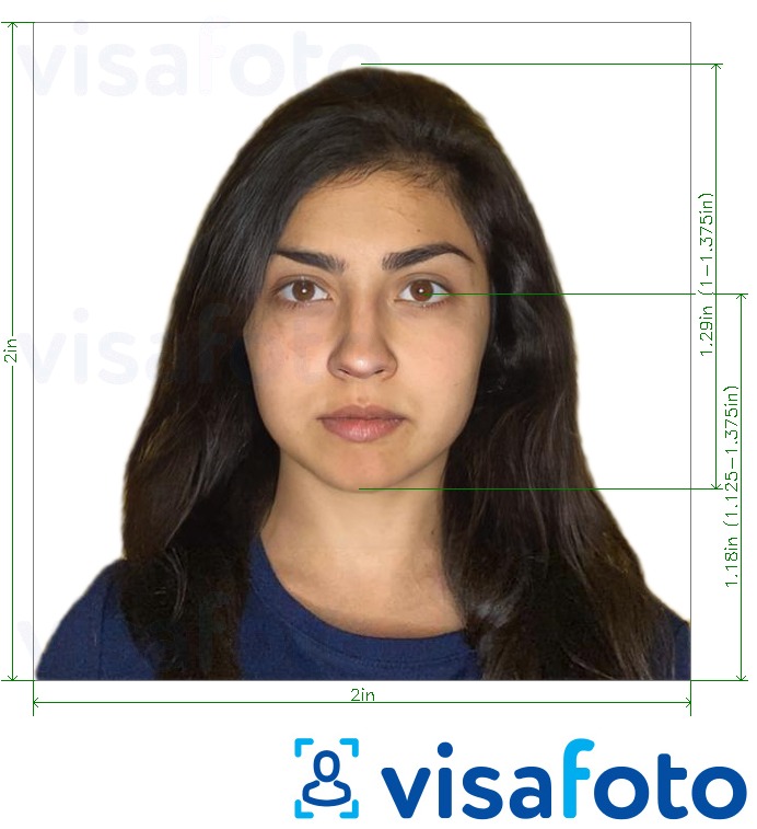 Contoh foto untuk Pakistan visa 2x2 inci (dari Amerika Syarikat) dengan spesifikasi saiz yang tepat.