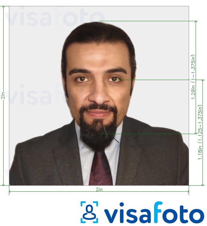 Contoh foto untuk Visa Saudi Arabia 2x2 inci (51x51 mm) dengan spesifikasi saiz yang tepat.