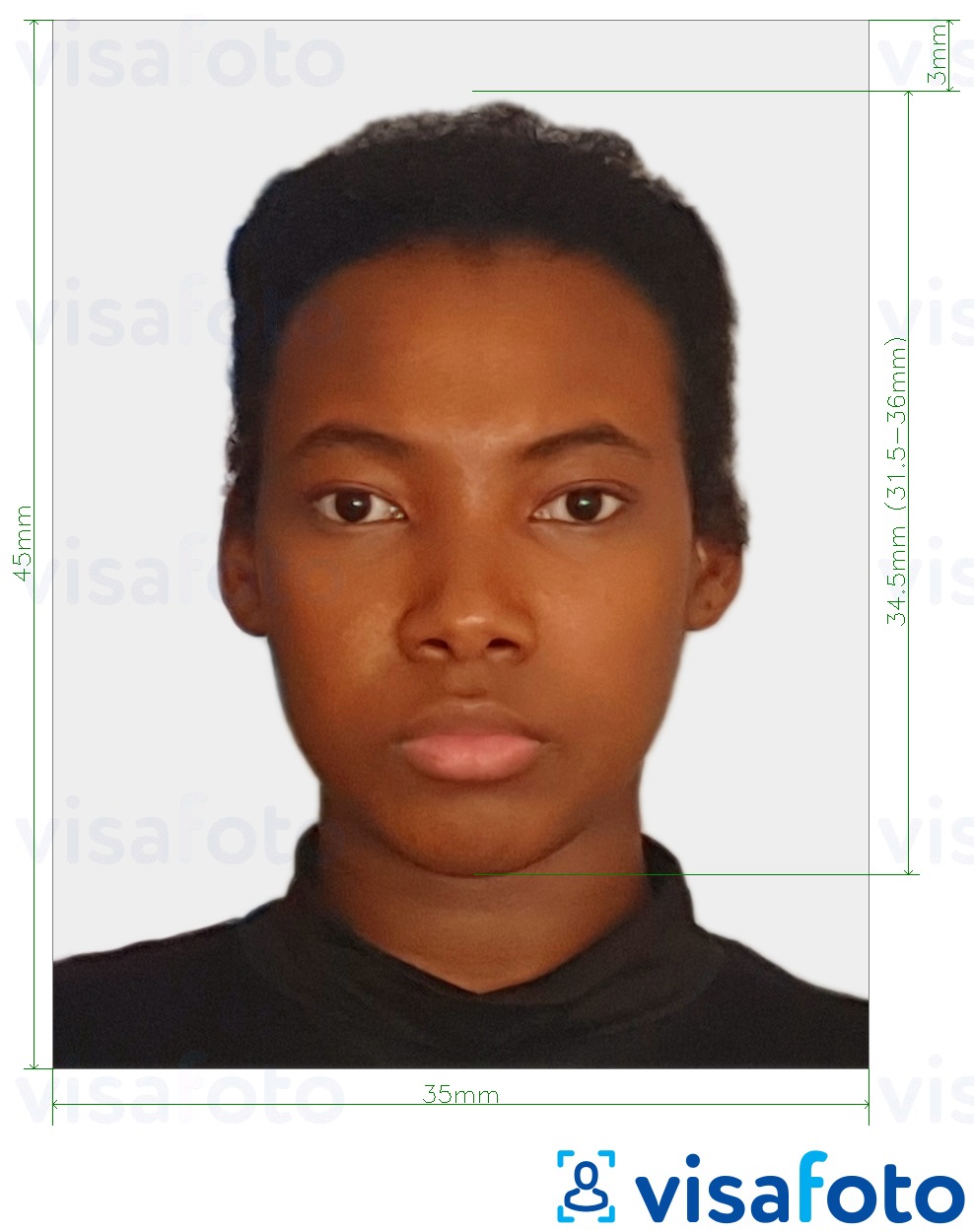 Contoh foto untuk Visa Sierra Leone 35x45 mm (3.5x4.5 cm) dengan spesifikasi saiz yang tepat.