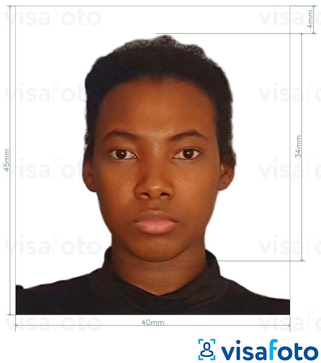 Contoh foto untuk Pasport Tanzania 40x45 mm (4x4.5 cm) dengan spesifikasi saiz yang tepat.