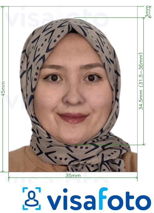 Contoh foto untuk Uzbekistan visa 3.5x4.5 cm (35x45 mm) dengan spesifikasi saiz yang tepat.