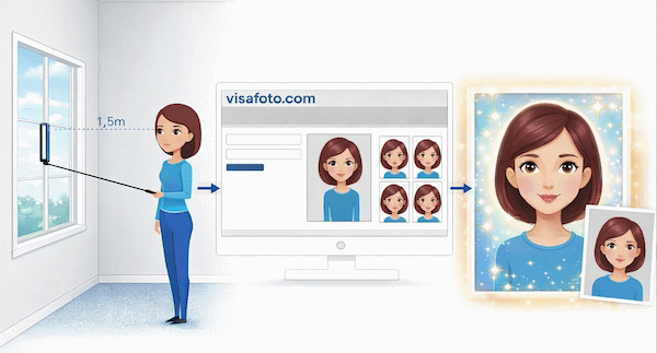 Ambil gambar dengan menggunakan telefon pintar atau kamera berlatarkan dinding cerah, muat naiknya ke sini dan dapatkan foto yang betul untuk visa, pasport atau ID.