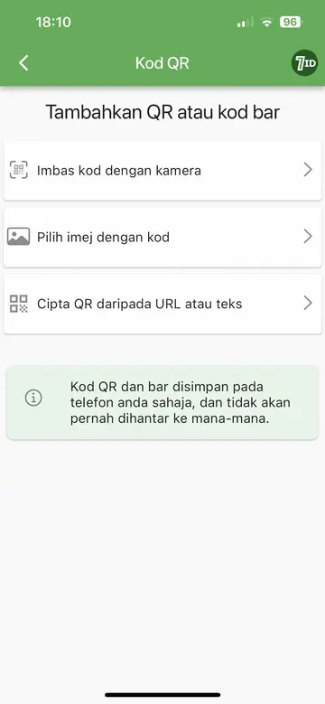 Apl 7ID: Simpan kod QR dan kod Bar pada telefon anda