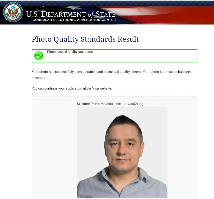 Skrin kejayaan muat naik foto visa AS